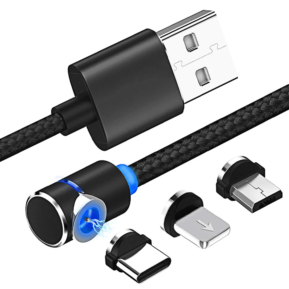 1 м 2 м 90 градусов Магнитный usb зарядный кабель для iphone X XR XS 6 7 8 Plus светодиодный USB C type C кабель для Android Micro USB зарядное устройство