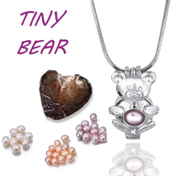 

iny bear cage pendant Set vacuum packed oyster pearl Silver Plated snake chain Necklace Best Gifts Women Girls Children PO43