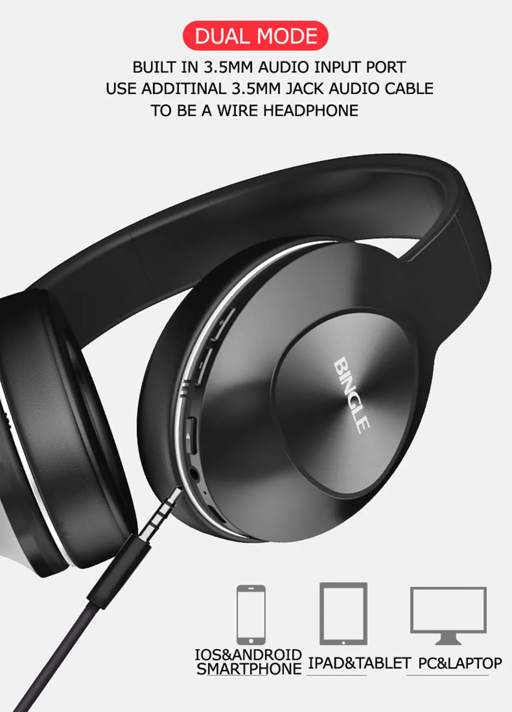 Bingle Q5 легкий вес hi-fi звук за ухо Шум шумоподавлением Bluetooth наушники проводные и Беспроводной наушники с микрофоном