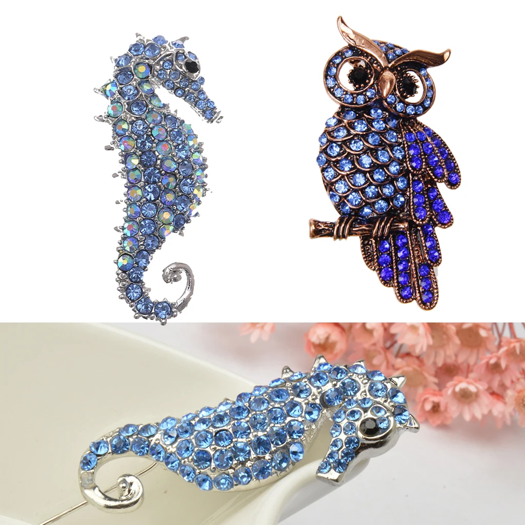 

2pcs Crystal Rhinestone Seahorse And Owl Pins Animal Brooches For Men Women
