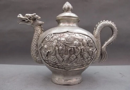 

song voge gem S0258 6"China lucky White Copper Silver Eight Immortals Tea Pot flagon stoup statue