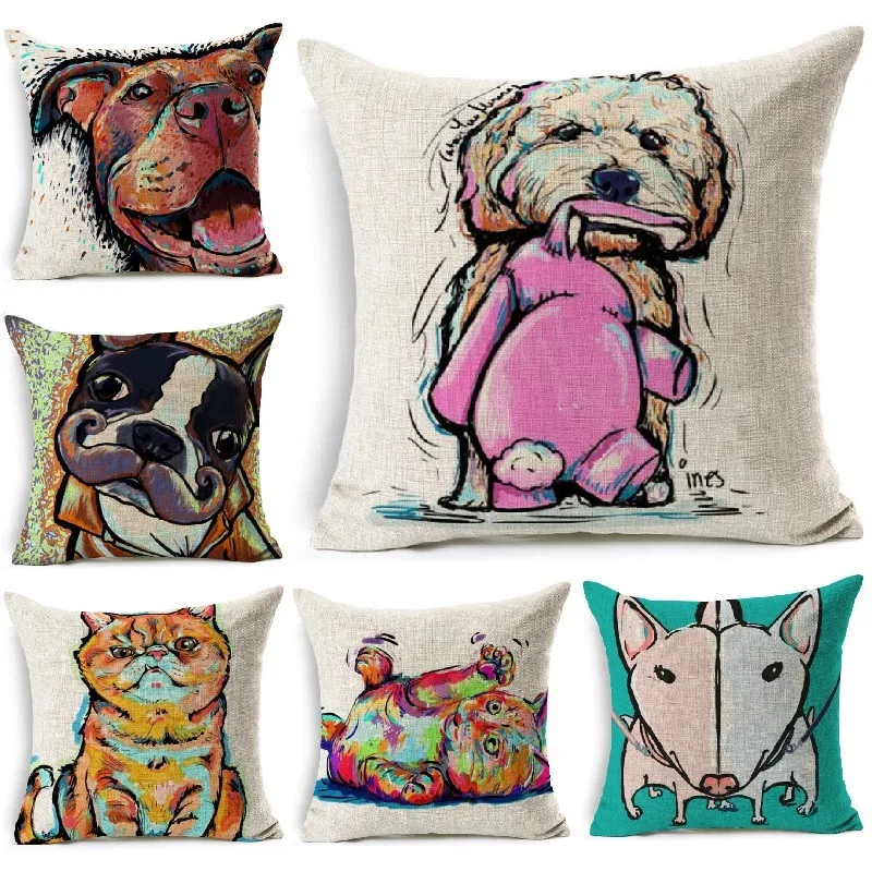 New Dog Cat Bull Terrier Painting Cushion Cover Cotton Linen Throw  Pillows Car Sofa Cover Decorative Pillowcase Decorativos