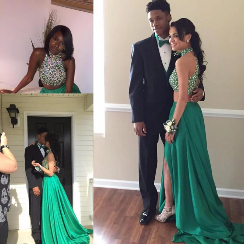 Dresstells 2 Pieces Prom Dresses Emerald Green Halter Beaded Sleeveless