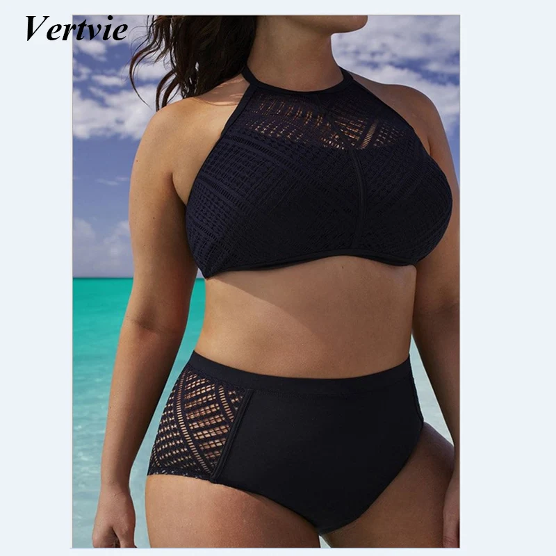 

Vertvie Women Sexy Hollow Out Halter Bikini Set Swim Suit Summer Beachwear Breathable High Waist Swimwear Femme Bikini Plus Size