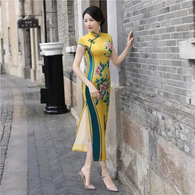 Chino tradicional dama largo Cheongsam seda de las mujeres de verano vestido de baile vestido M-3XL - 5