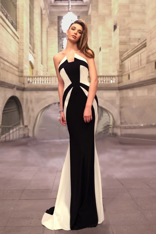 formal black white evening gowns dresses Stripe Patchwork Mermaid