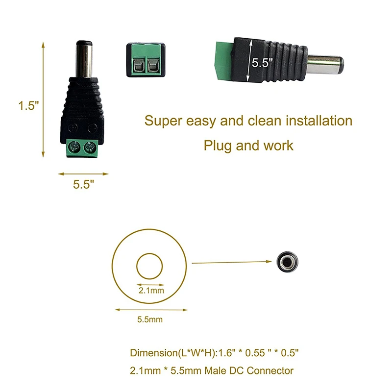 5.5 x 2.1mm DC Power Male Jack Connector Plug DC Male Adapter Plug Connector for CCTV Camera