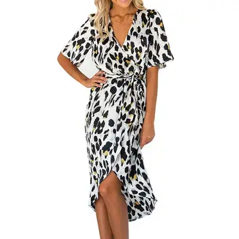 

2019 Summer Women Dress Women Leopard V Neck Lace Up Wrap Dress Ladies Evening Party Midi Dress With Belt vestidos robe femme
