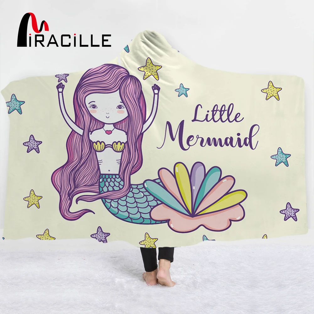 

Miracille Mermaid Pattern Modern Style Blankets Sheep Fleece Comfortable Wrap Hooded Throw Blanket Warm Soft For Kids Gift