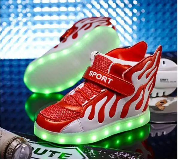 2018 обувь для детей с светодиодный свет Для детей кроссовки с крыла мальчики девочки светодиодный свет обувь зарядка через usb Кроссовки ЕС 35-