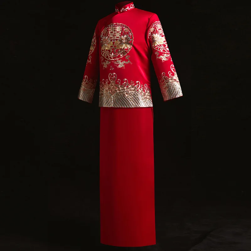 Шоу мужской китайский стиль свадебное платье красная вышивка жениха вечернее платье кимоно куртка Тан костюм тост костюмы пратенсис одежда
