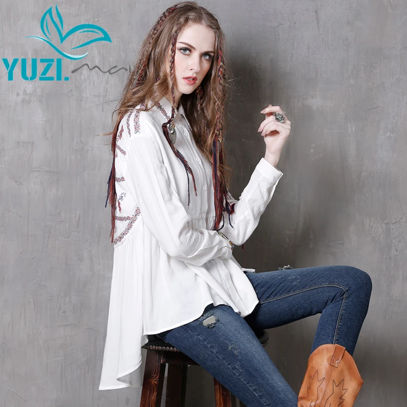 

Женские блузки Yuzi.may в стиле бохо, новые хлопковые льняные блузки с длинным рукавом и отложным воротником, асимметричные свободные блузки с вышивкой, B9119, 2017