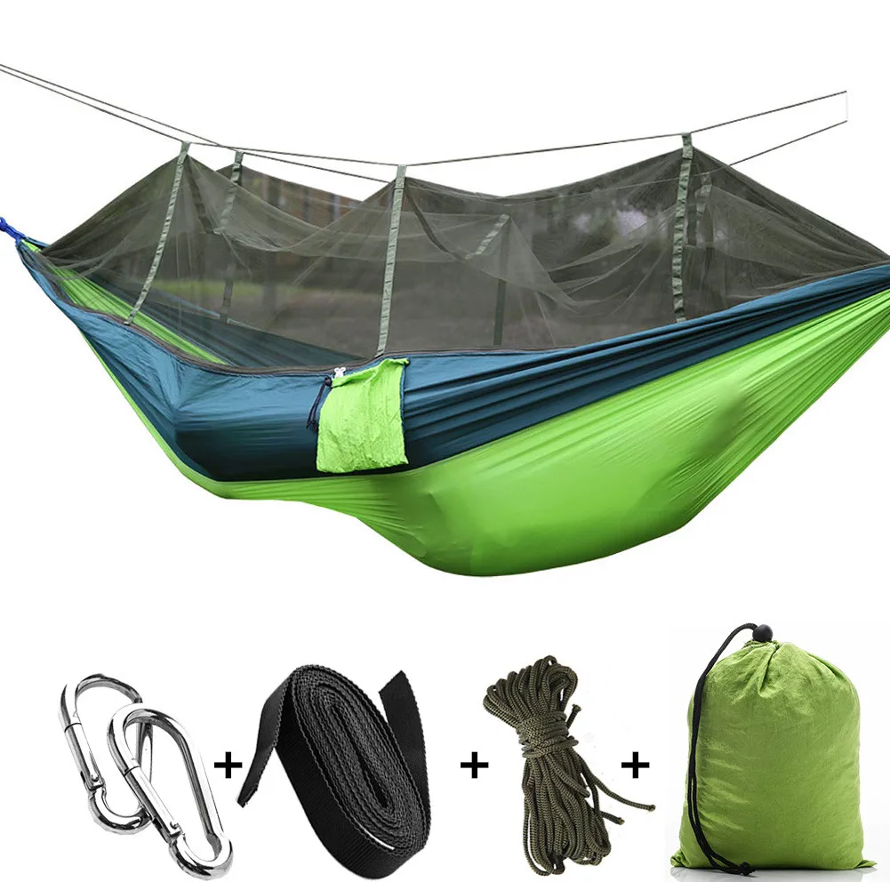 

Outdoor Parachute Cloth Hammock with Mosquito Net Ultra-light Nylon Double Military Green Camping Air Tent 2 Straps 2 Carabiner