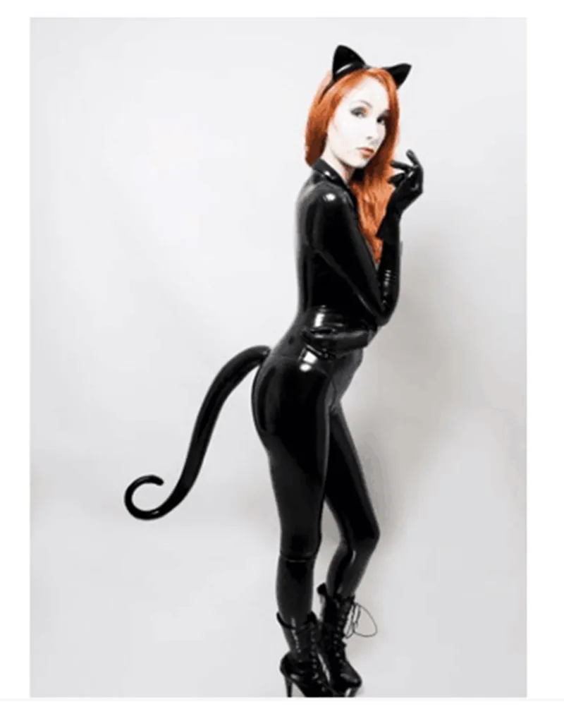 

Black latex catsuits with socks and gloves and the inflatable tail without the head accessory.