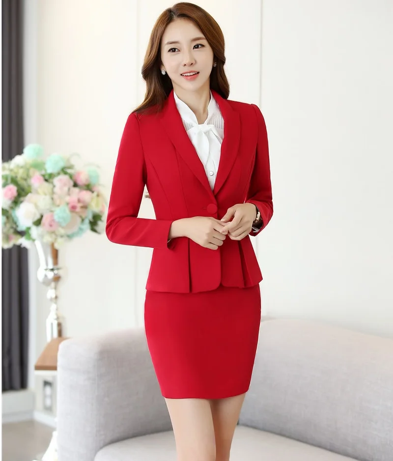 New Arrival Autumn Winter Elegant Red Slim Fashion Formal OL Styles Professional Business Suits With Jackets And Skirt - Цвет: Red