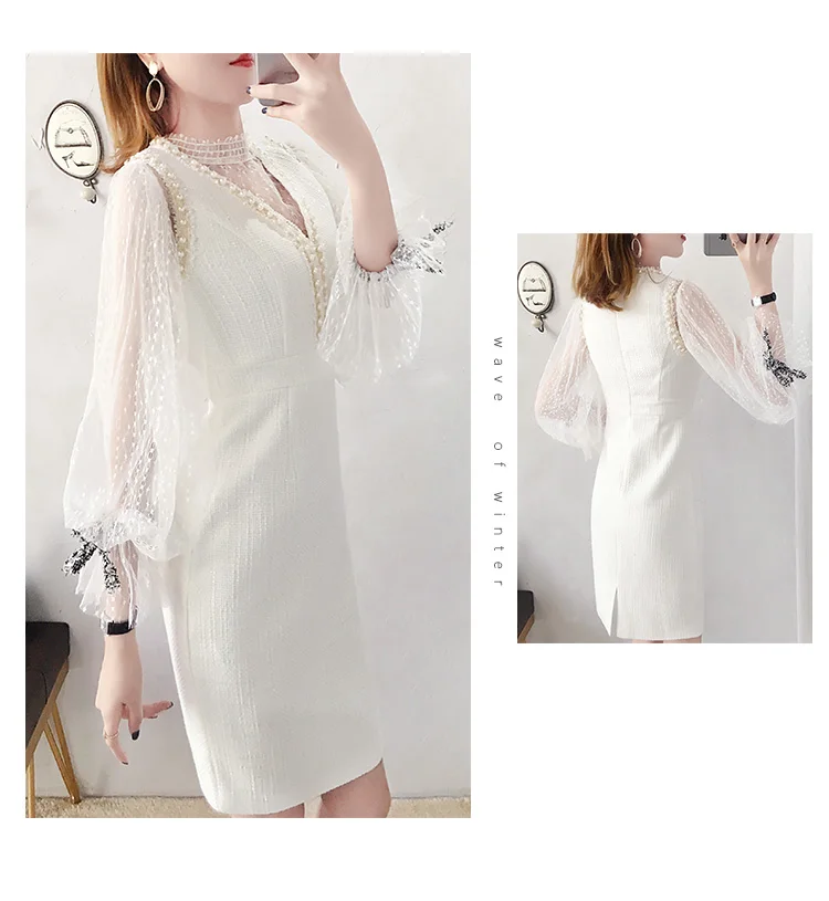 Кружевная рубашка с длинным рукавом блузки весна лето темперамент подвесной корейский платье для женщин 2 шт комплект топы и платья