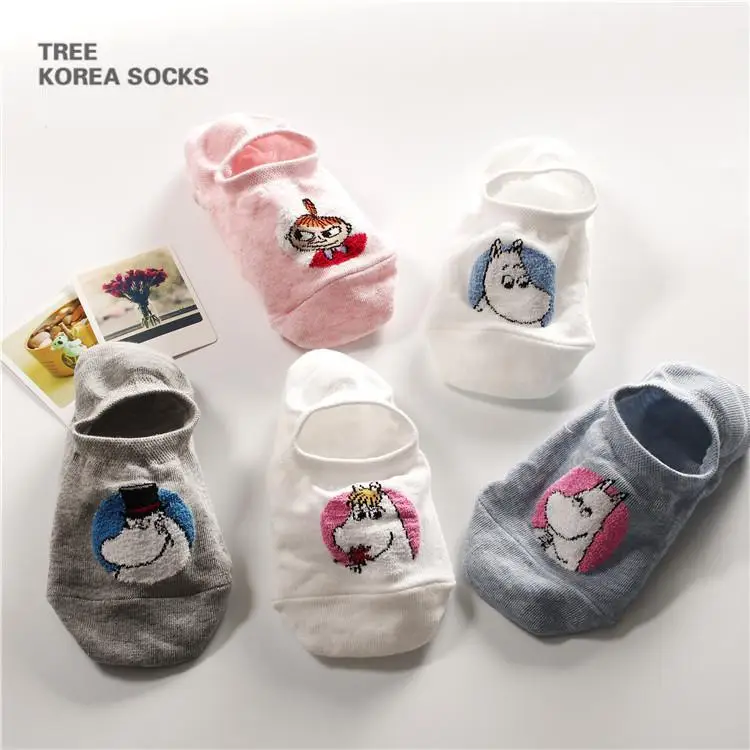 Носки-невидимки из хлопка girls'boat корейских студентов хлопковые летние тонкие Муми мультфильм Ming яхтенные тапочки 1 пар