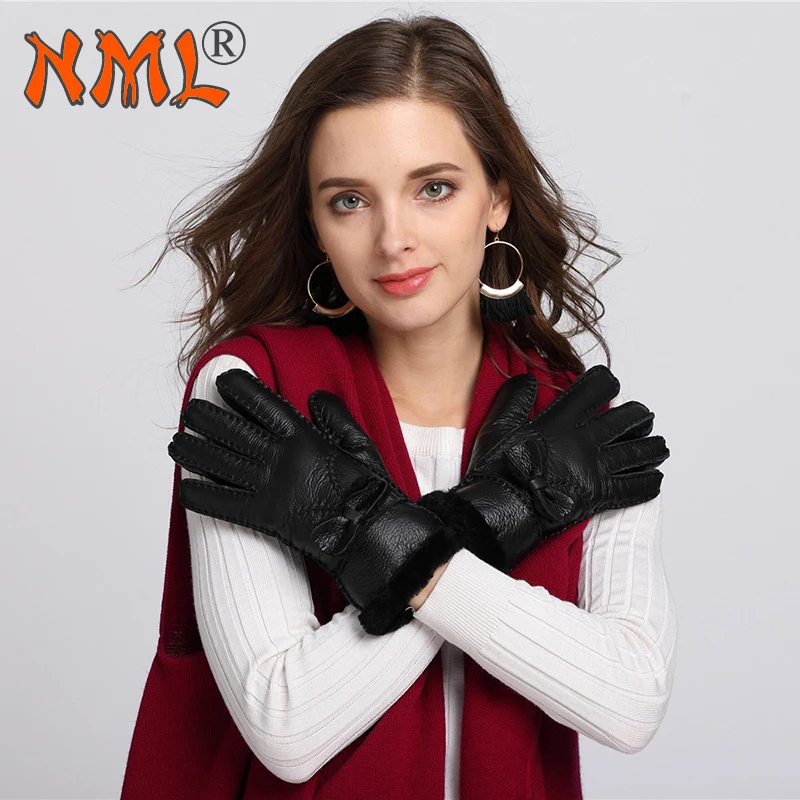 Red Bow Design Women Warm Woolen Mittens Women Gloves Genuine leather