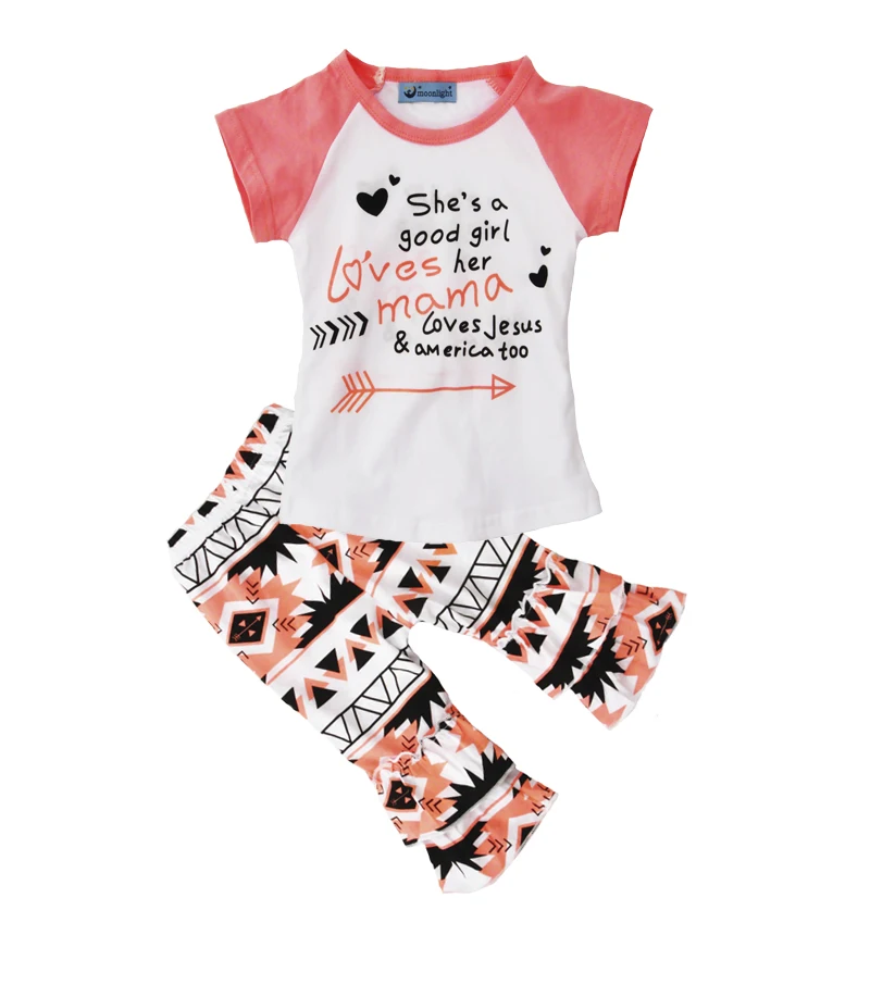 

Summer Kids Girls Clothing Sets 2016 Fashion Letter T shirt+Geometry Pants 2pcs Girl Kids Clothing Set Summer Baby Set For Girl