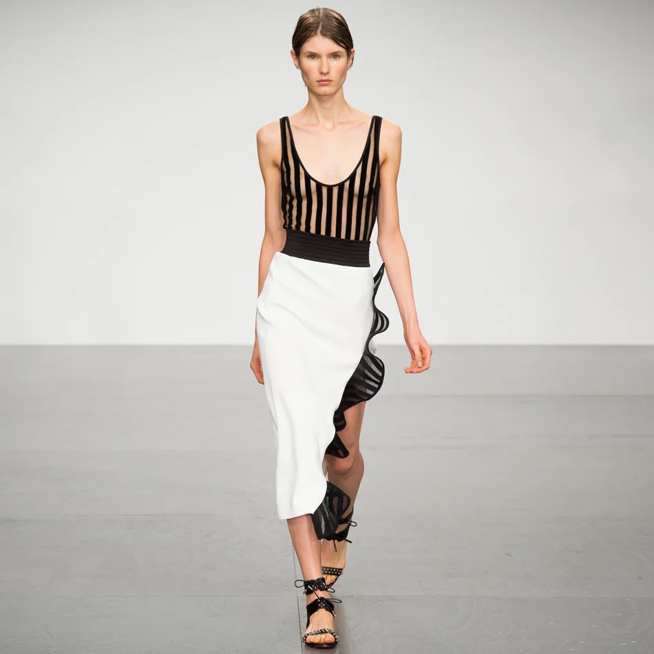 See Through Patchwork Sexy Side Slit Ruffle Striped Scoop Neck Mesh Cold Shoulder Bandage Sheath Midi Dress | Женская одежда