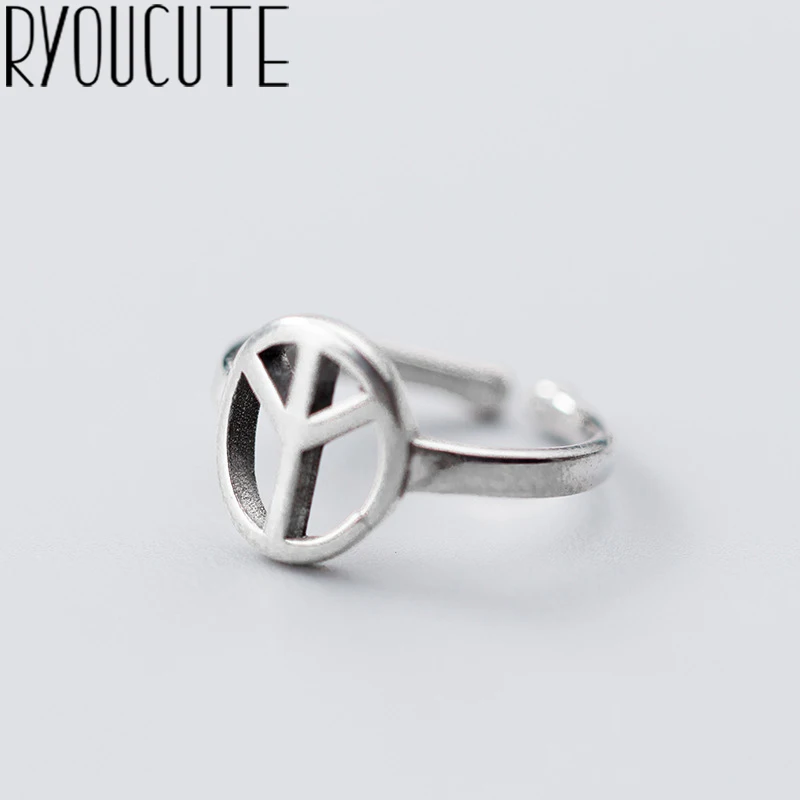 

RYOUCUTE 100% Real 925 Sterling Silver Big Exaggerated Personality Peace Symbol Rings for Women Statement Adjustable Finger Ring