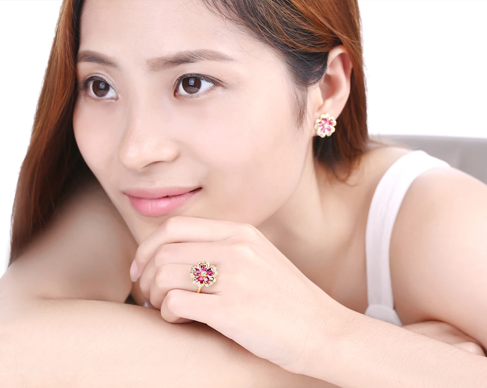 ALLNOEL Gemstone Ruby Flower Jewelry Set Real 925 Sterling Silver Red Corundum Ring Stud Earrings For Girl Women's Jewellry Gift (12)