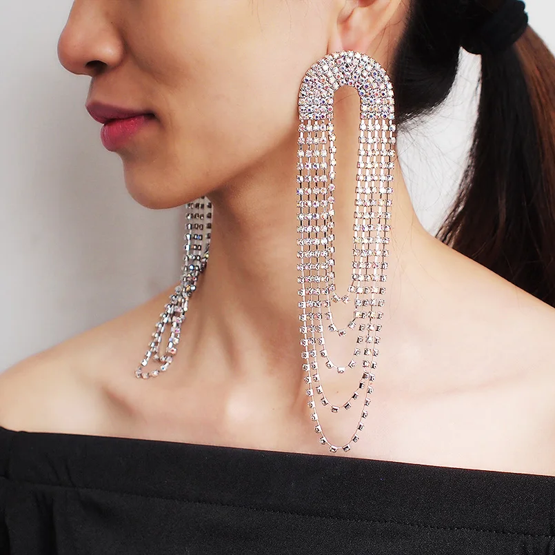 MANILAI Shiny Rhinestone Tassel Earring For Women Statement Long Dangle Earrings Charm Wedding Party Jewelry