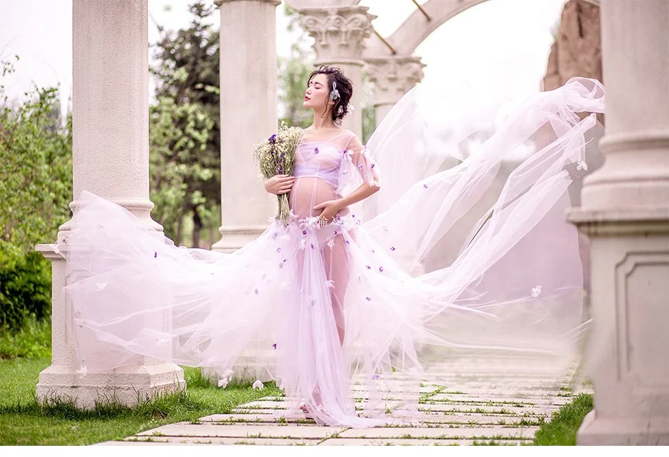 Светло-Фиолетовый Материнства Платье Цветка Шнурка fairy Dress Студии Материнства Фотография Опоры Беременные Женщины Платья Фото FlowerShoot