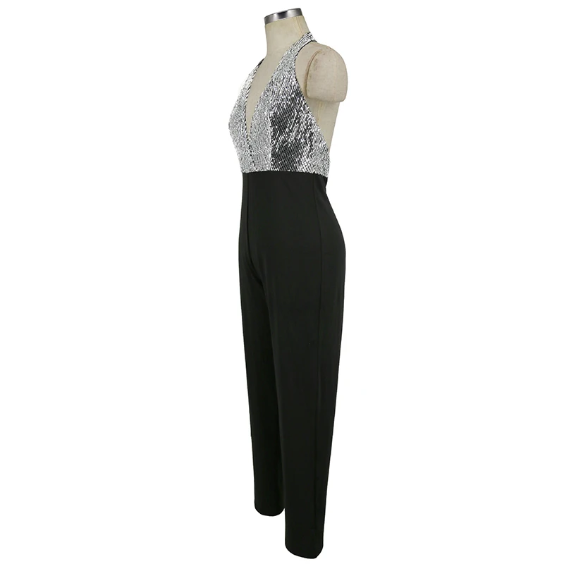 2019 New Summer Silver Sequins Jumpsuit Women Deep V Neck Backless Elegant Sexy Sleeveless Club Romper Long Playsuit Overalls