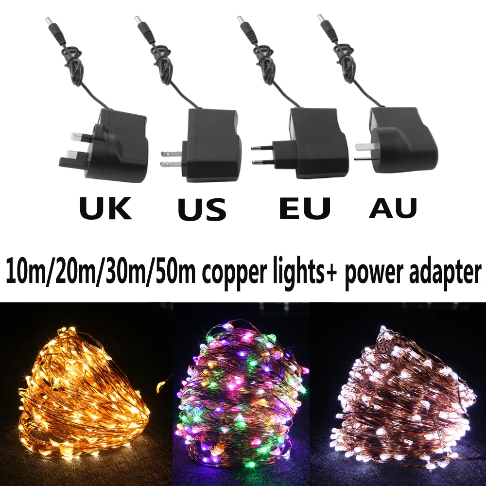 

Copper String Lights 10m 20m 30m 50m Waterproof Led Fairy Light with Power Adapter for Wedding Party Christmas Home Decoration