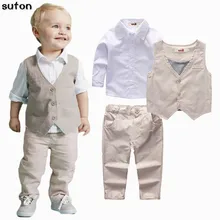 Bébé garçons vêtements set Printemps Automne nouveau gentleman gilet Beige + Chemise blanche + Beige bande pantalon Garçon Vêtements set enfants vêtements