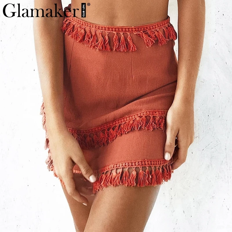 

Glamaker Sexy tassel spring mini skirt Women boho linen knitted short skirt Bohemian fitness holiday beach high waist skirt 2019