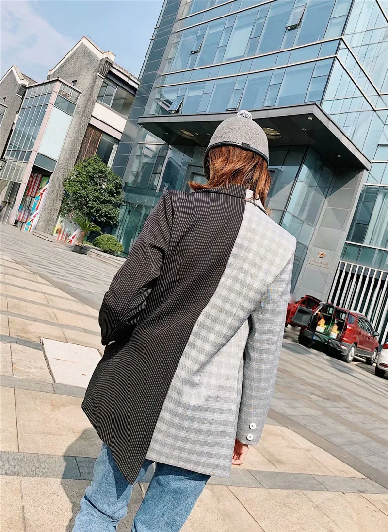 Women Autumn Patchwork Black Gray Blazers Female Contrast Color Irregular Jackets Coat Long Sleeve Office Lady Clothes manteau