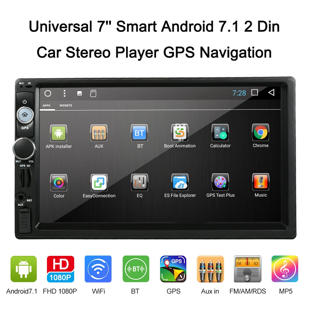 

7'' Smart Android 7.1 2 Din BT Car Stereo Radio Player GPS Navigator Multimedia Entertainment with Wi-Fi Free Map Rearview Cams