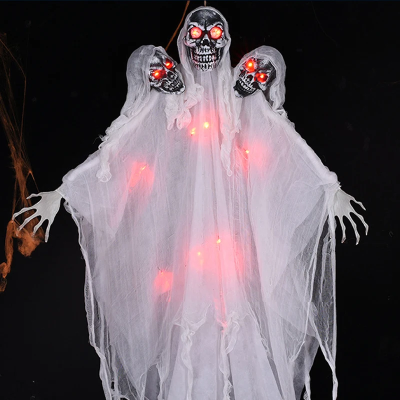 

Halloween Hanging Ghost Horror Props Horrifying Three Head Skull for Haunted House Glowing Vioce Control Toys for Costume Party