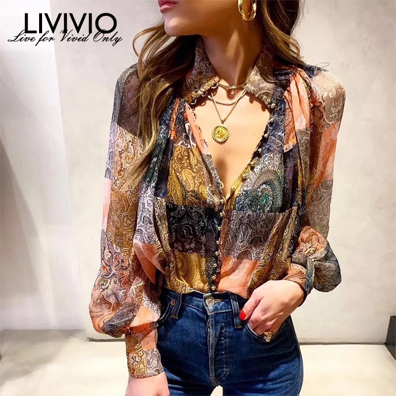 

[LIVIVIO] Vintage Print Long Lanter Sleeve Stand Neck Single Breasted Blouse Women Shirt 2019 Fashion Clothing