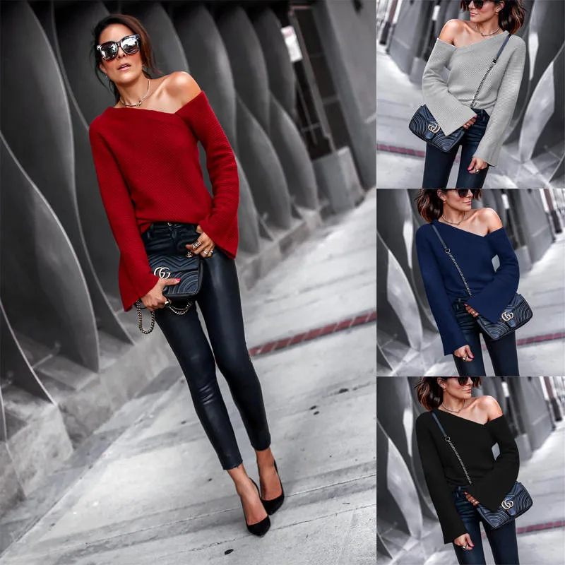 New Women Slim Off Shoulder Shirt Crop Tops Slight Asymmetric Blouse Sweater | Женская одежда