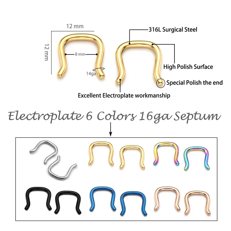Пирсинг J 316L хирургическая сталь u-образный пирсинг для носовой перегородки ювелирные изделия вешалка фиксатор кольца для носа 16 г, 14 г, 12 г 6-12 шт набор