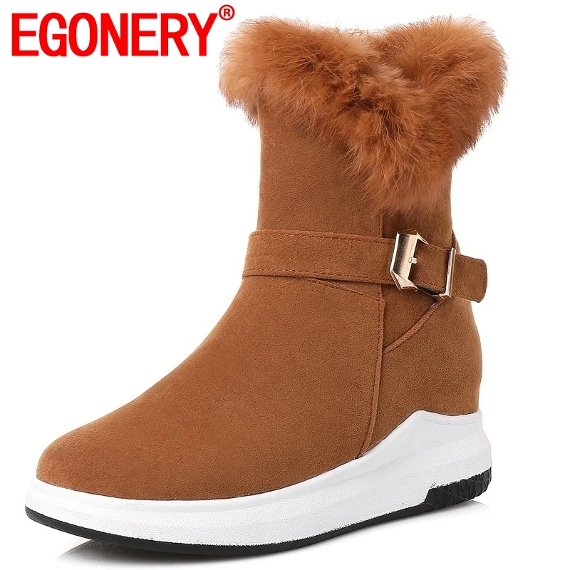 

EGONERY women shoes 2019 winter new leisure warm snow boots med wedges platform round toe zip flock three colors ankle boots