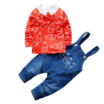 

2018 Kids Clothing Suit Baby Cotton Milk Bottle Pattern T-shirt + Jeans Shoulder Pants Children's Suits Childrens Jogging Suits