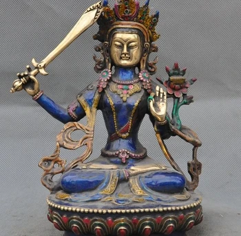 

8" Old Tibet Buddhism Bronze Cloisonne Manjushri Kwan-yin Goddess Buddha Statue