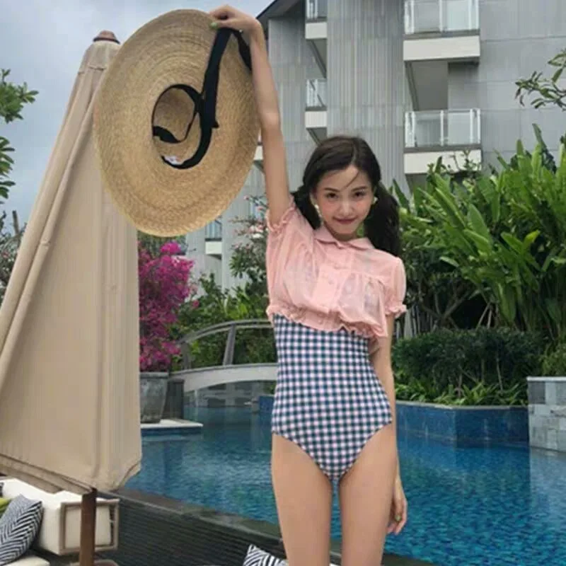 

One Piece Rash Guard Swimwear Slim Belly Retro Swimsuit Whole Swimsuits Mayokini Red Women Plaid Spandex Sierra Surfer 2019