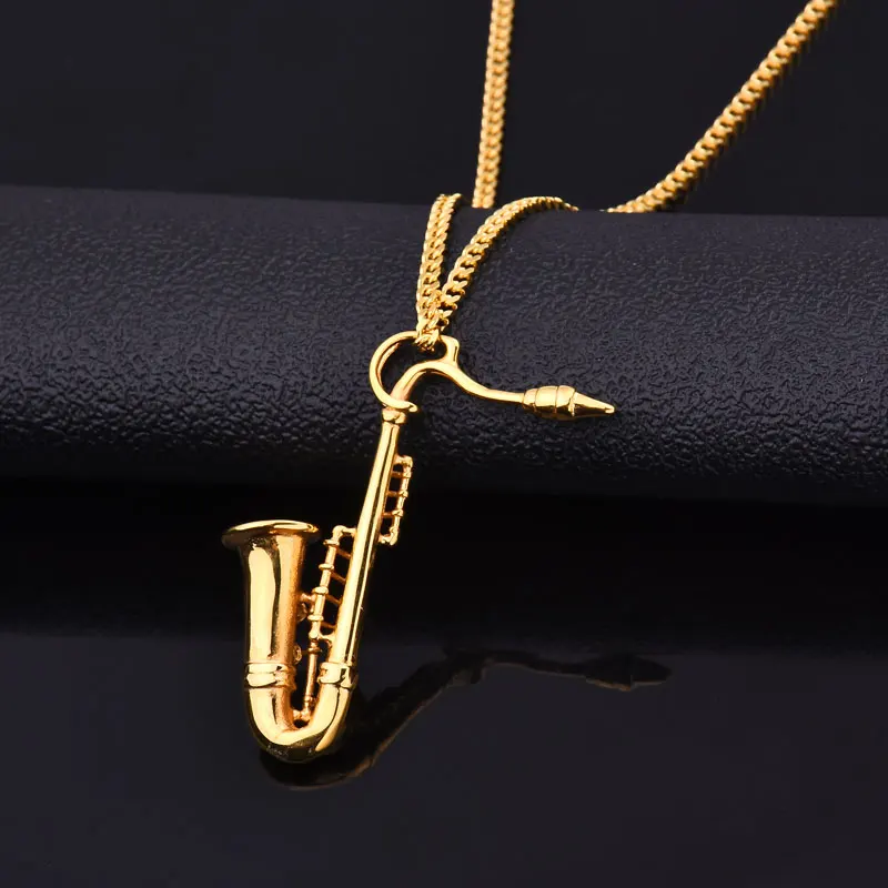 Золотой хип-хоп саксофон мужские нагрудные украшения нержавеющая сталь 20-24 дюймов длинные кубинские модное ожерелье с цепочкой мужские хип-хоп ювелирные изделия подарок