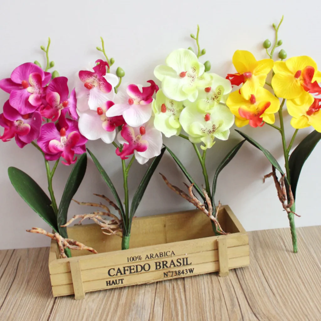 Single 13'' Phalaenopsis Orchid Artificial Branches Real Touch Flowers for Home Office Wedding (Yellow, Blue, Purple, White)	