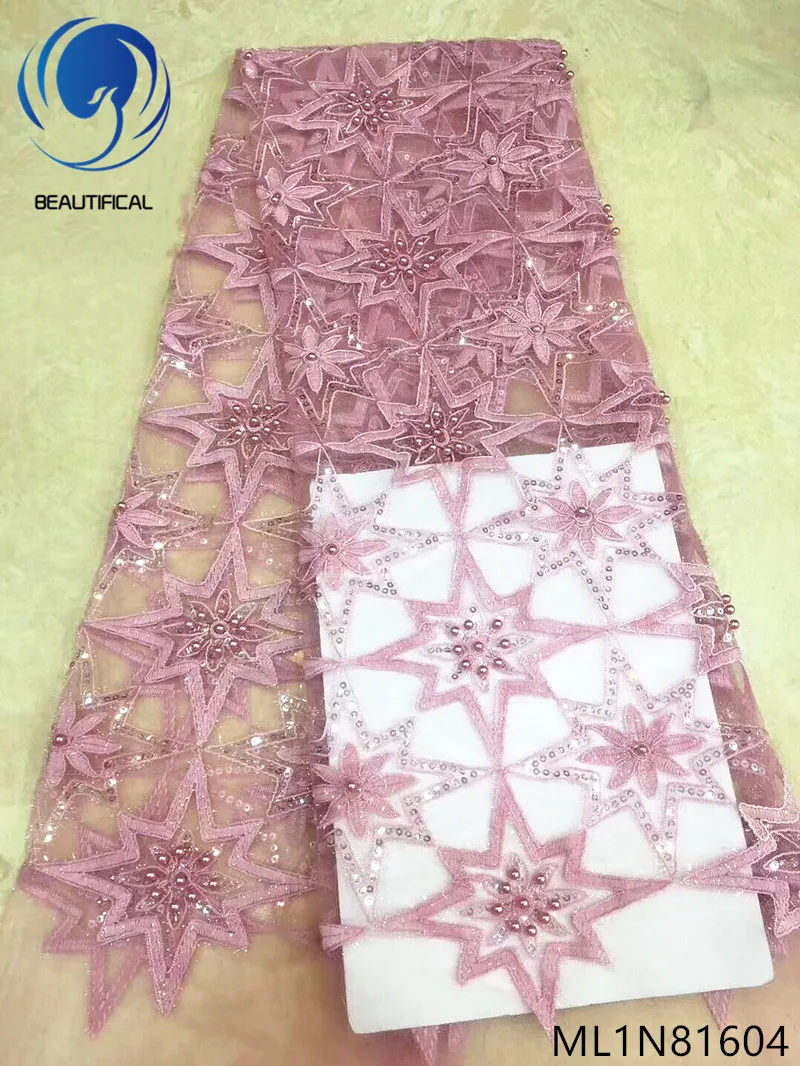 

Beautifical african lace fabrics Fashion style embroidery sequins lace fabrics for dress 5yards net lace beads fabric ML1N816