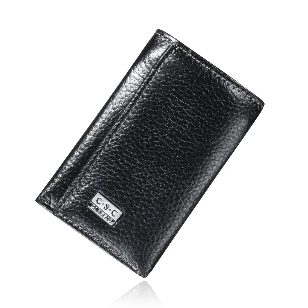 Slim Small Wallets Mens Womens Black Real Genuine Leather Tri fold
