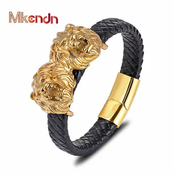 

MKENDN 2019New Punk Stainless Steel Gold Lion Genuine Leather Bracelet Men Women Charm Bracelets Bangles Luxury Jewelry Pulseras