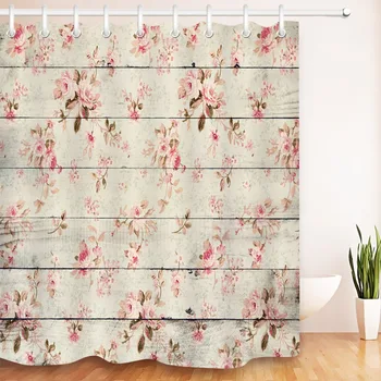 

LB 180*180 Waterproof Pink Flower on Rustic Wood Panel Shower Curtain Vintage Bathroom Curtains Fabric for Bathtub Home Decor