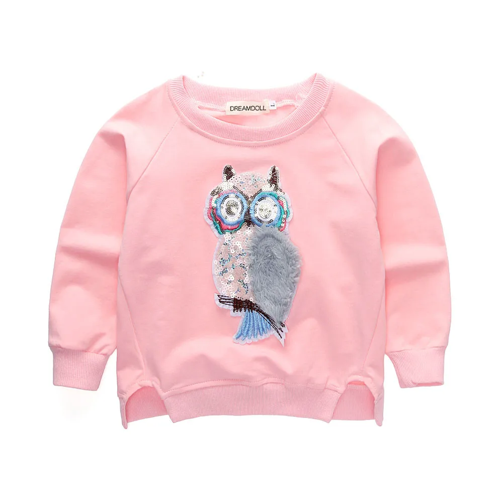 

Girls Spring Fashion T-shirt Children's Cartoon Animal Sequin Owl Long Sleeve Cotton Cartoon Shirt Tops for Kids Clothes