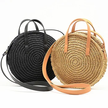 

ABDB-Round Straw Beach Bag Vintage Handmade Woven Shoulder Bag Raffia Circle Rattan Bags Bohemian Summer Vacation Casual Bag